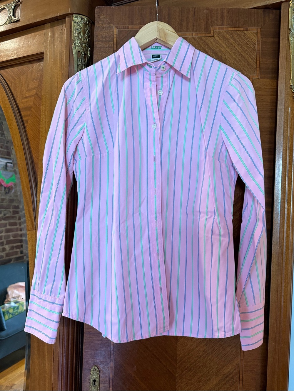 J. Crew Pink Shirt with Green and Navy Stripes